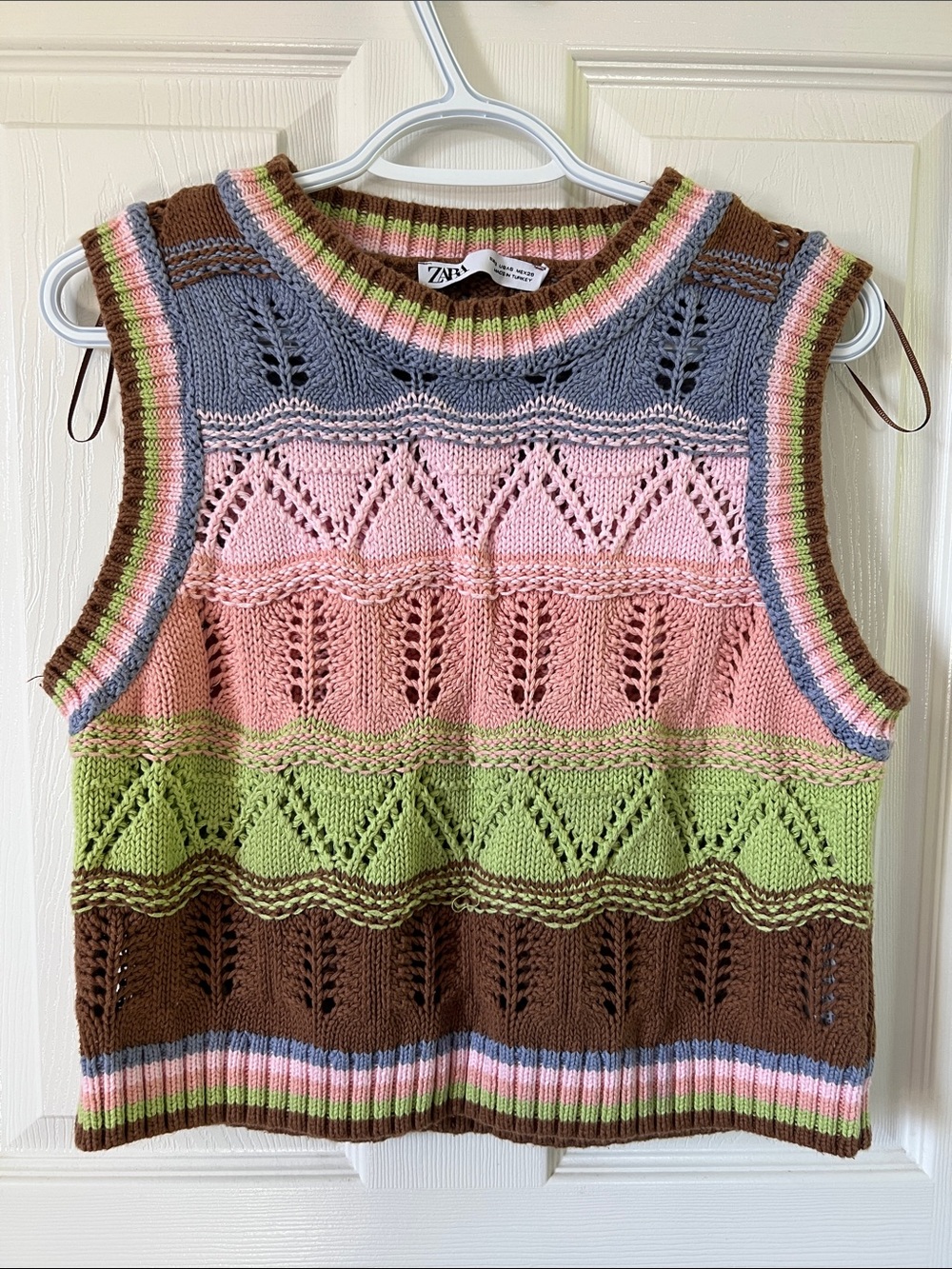 Zara Striped Loose Knit Cropped Pastel Colored Sweater Vest Size Small